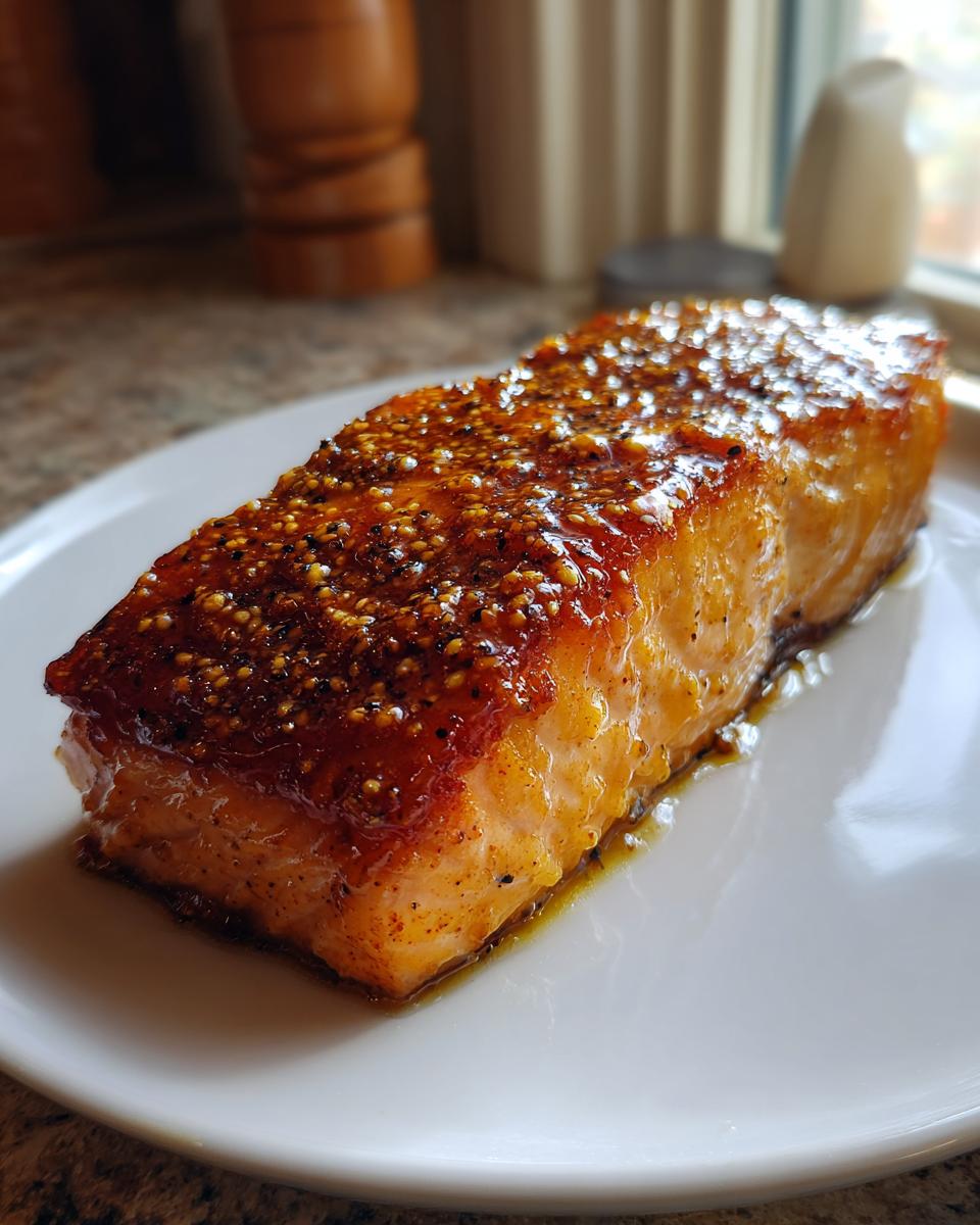 Close-up van een dik stuk Honey Mustard Salmon met een glanzende, mosterdzaad-gecoate bovenkant, geserveerd op een wit bord.