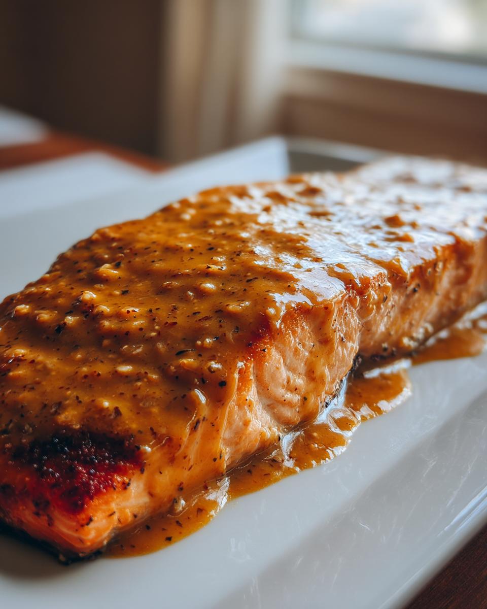 Een sappig stuk zalm bedekt met een dikke, glanzende honing mosterd saus: Honey Mustard Salmon.
