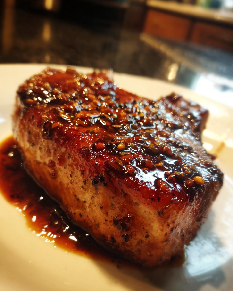 Close-up van een sappig varkenskotelet bedekt met een glanzende Honing Knoflook saus en sesamzaadjes.