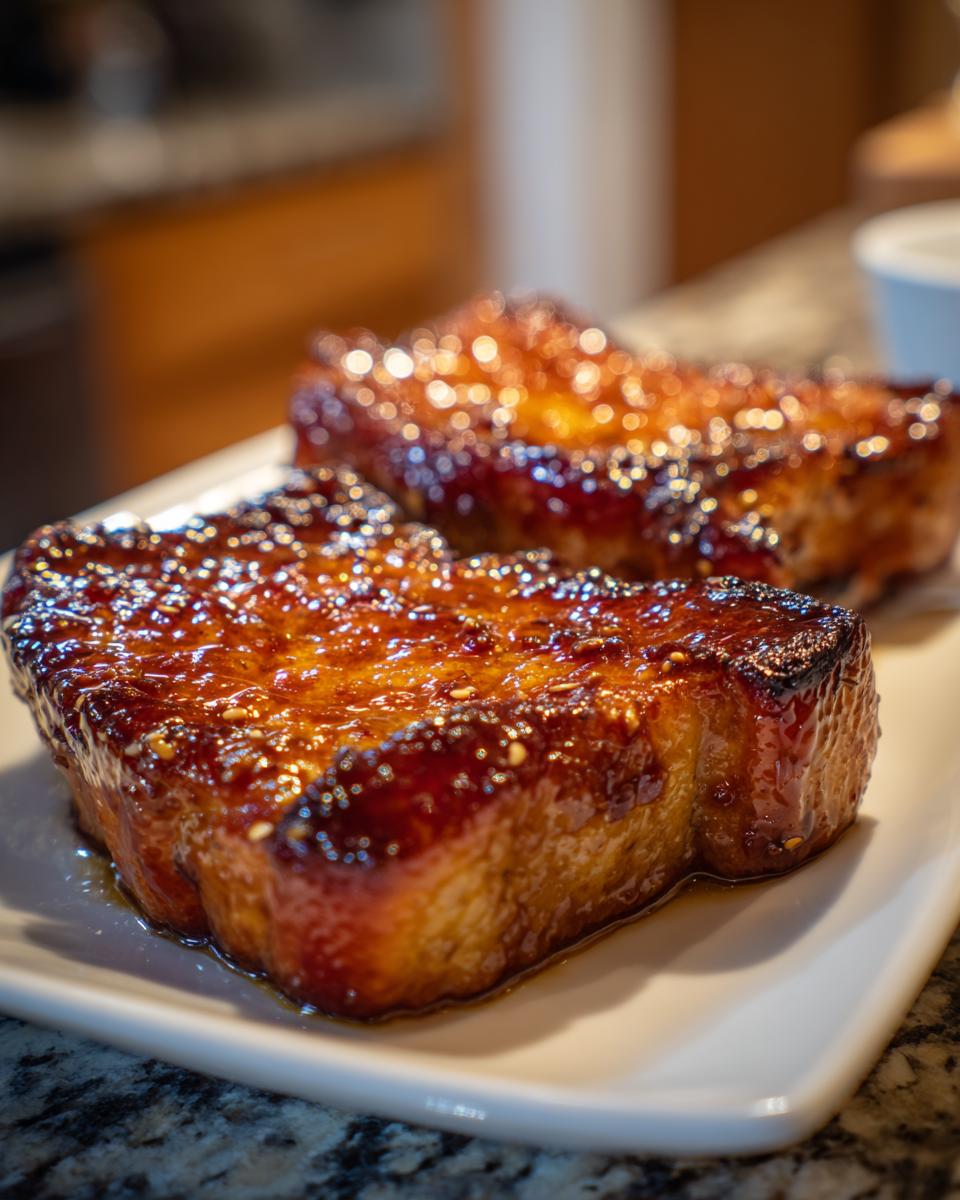 Twee dikke, gebakken Honing Knoflook Varkenskoteletten met een glanzende, gekarameliseerde laag op een wit bord.