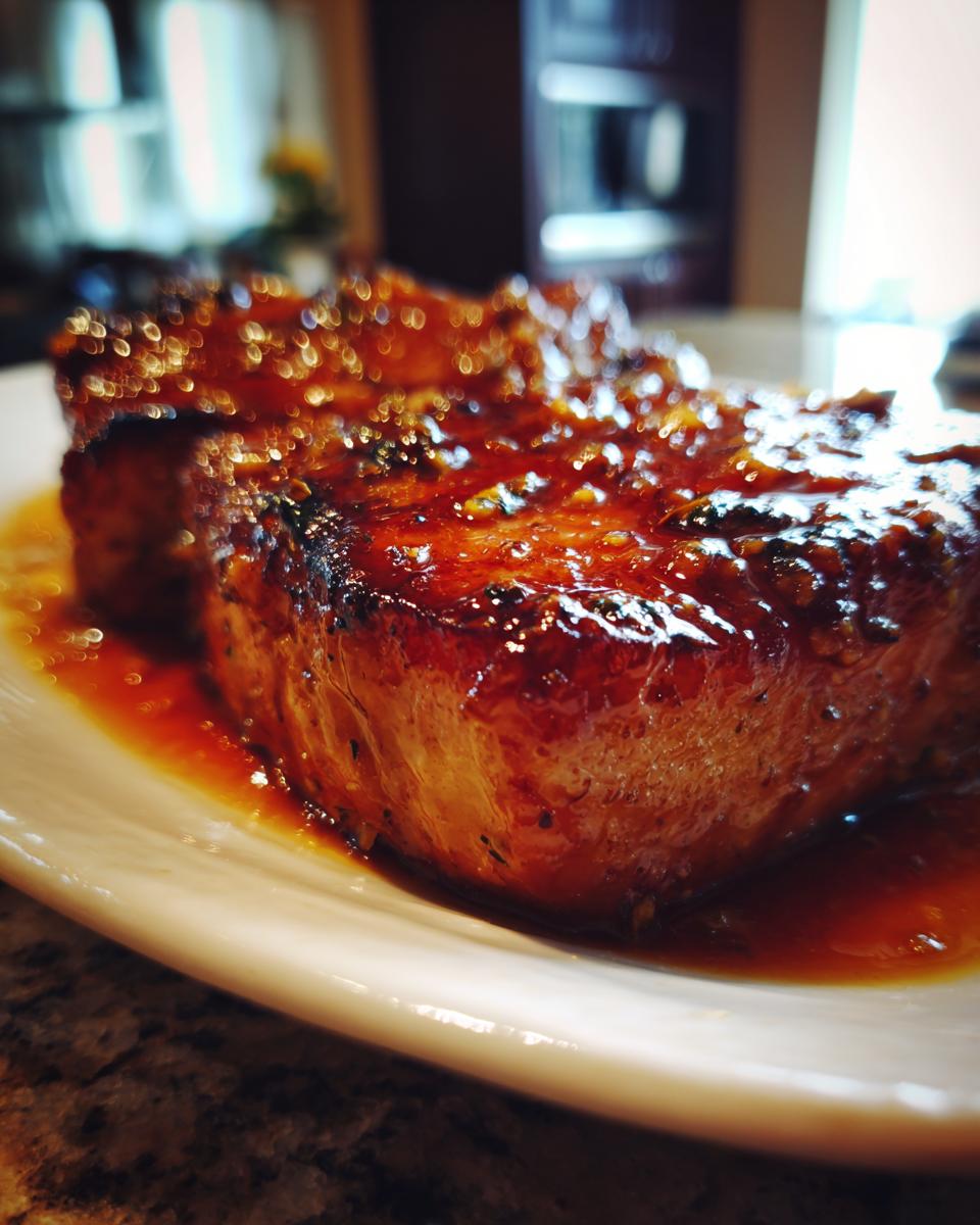 Close-up van sappige Honing Knoflook Varkenskoteletten met een glanzende, gekarameliseerde glazuur.