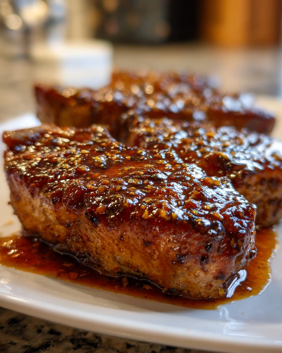 Drie sappige honing knoflook varkenskoteletten bedekt met een dikke, glanzende saus op een wit bord.