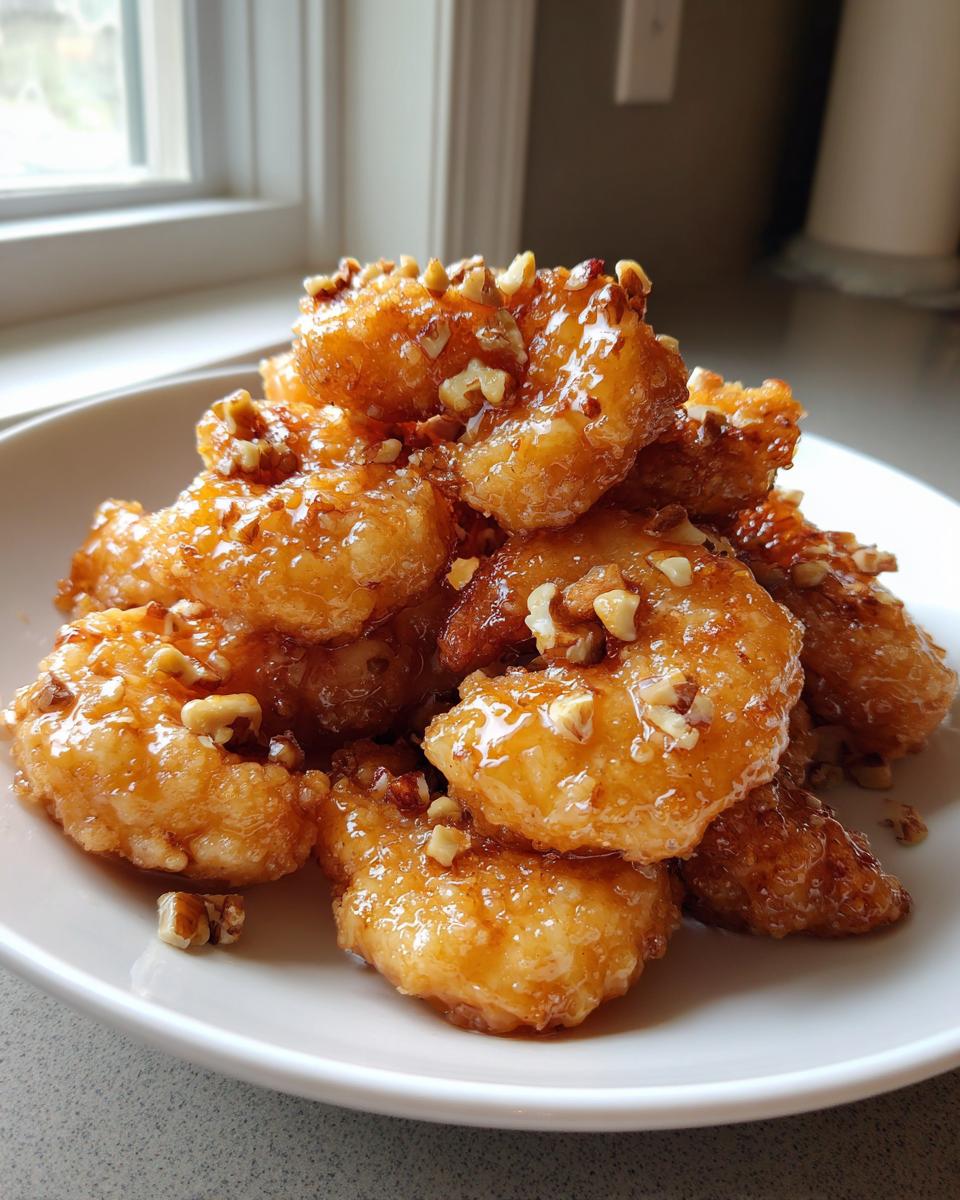 Een stapel gefrituurde garnalen bedekt met een glanzende honingglazuur en gehakte pecannoten: Honing Walnoot Garnalen.