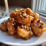 Close-up van gefrituurde Honing Walnoot Garnalen bedekt met een glanzende honingglazuur en gehakte walnoten.