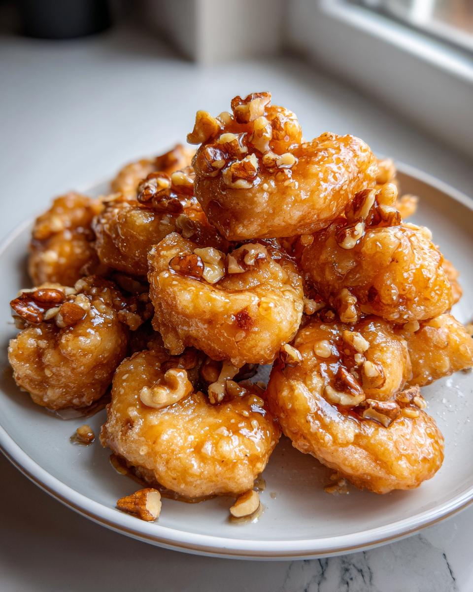 Een stapel gefrituurde Honing Walnoot Garnalen, bedekt met een glanzende honingglazuur en gehakte walnoten.