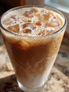 Een hoog glas met een ijskoude Frappe, vol met ijsblokjes en romig schuim.