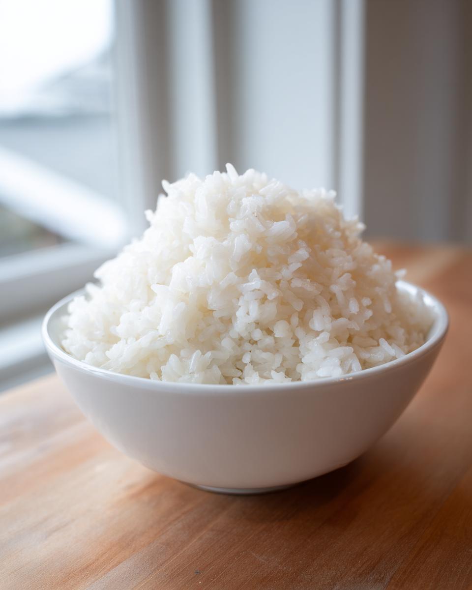 Een volle witte kom met perfect gekookte, pluizige Instant Pot Jasmijnrijst op een houten aanrecht.