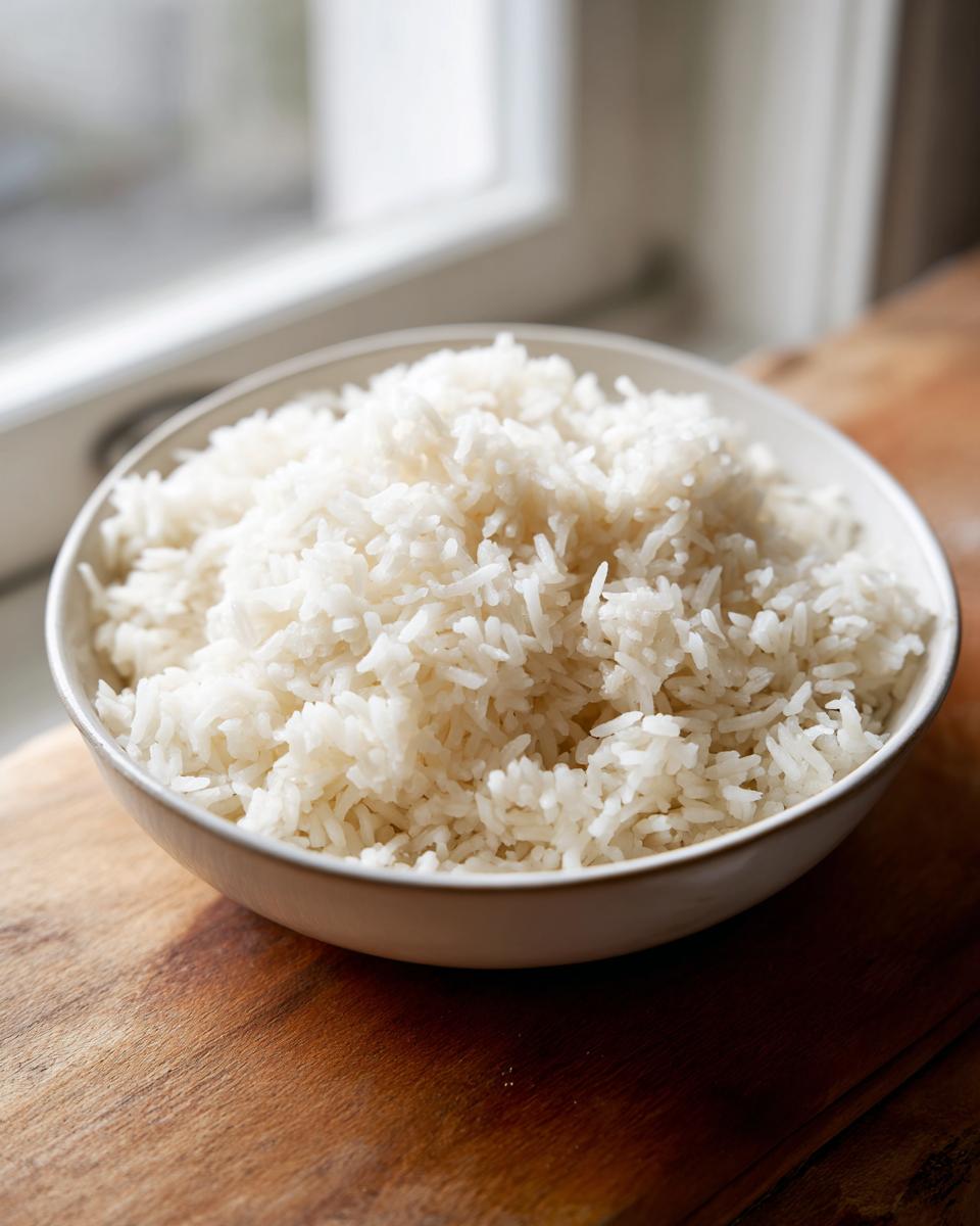 Een kom met perfect gekookte, pluizige Instant Pot Jasmine Rice op een houten ondergrond bij een raam.