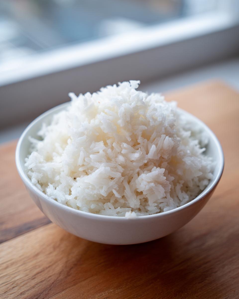 Een witte kom gevuld met luchtige, perfect gekookte Instant Pot Jasmine Rice op een houten ondergrond.