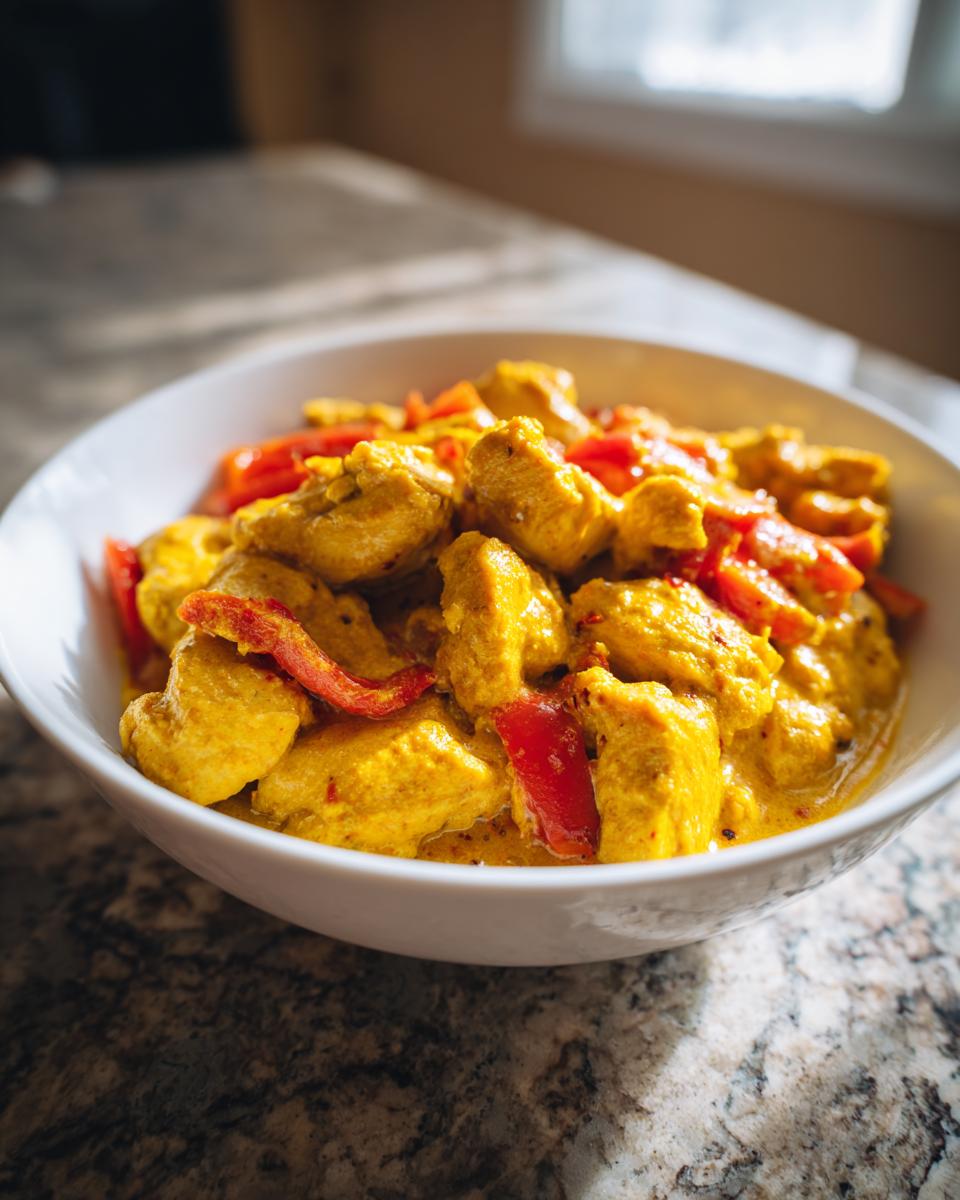 Close-up van romige Instant Pot Kokos Kip Curry met stukjes rode paprika in een witte kom.