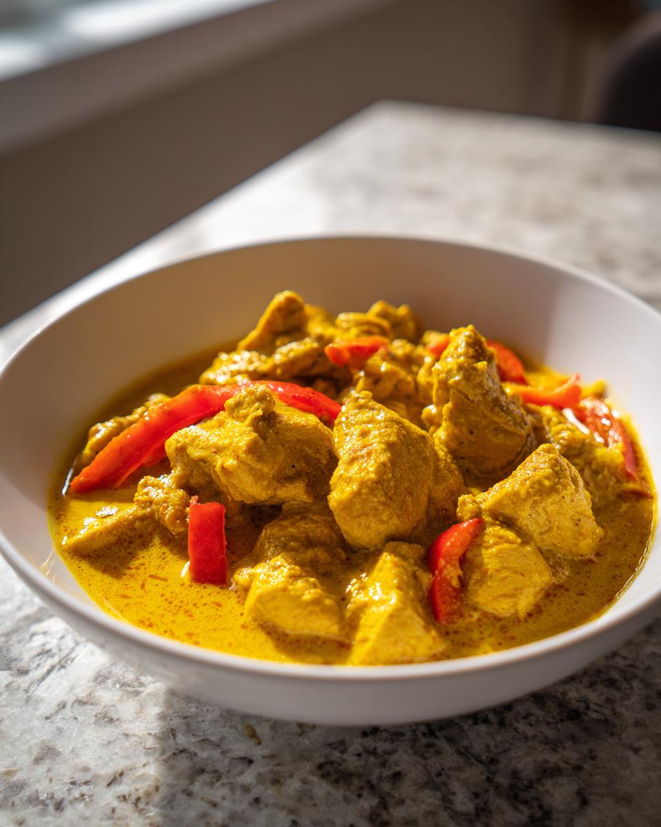 Close-up van romige Instant Pot Kokos Kip Curry met stukjes kip en rode paprika in een witte kom.