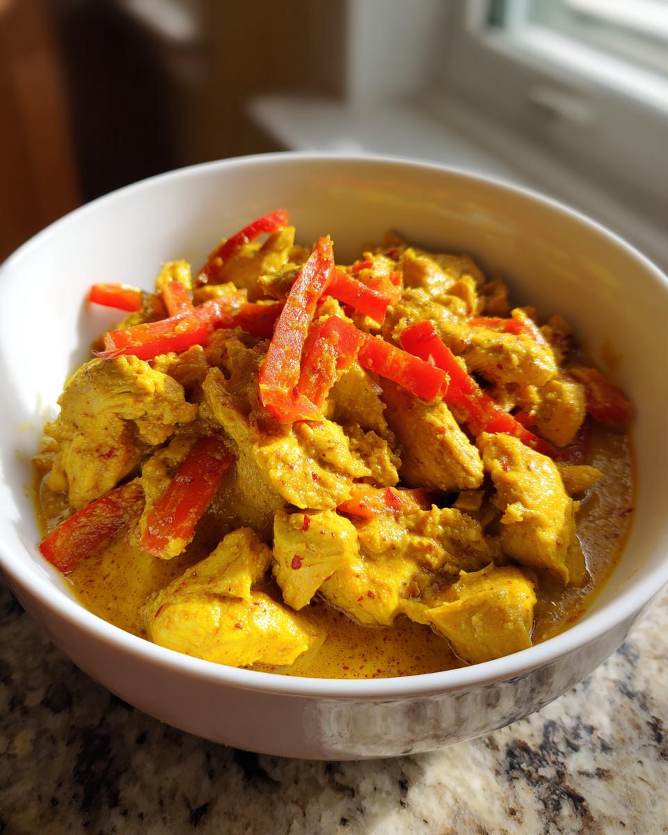 Gedetailleerde close-up van romige Instant Pot Kokos Kip Curry met stukjes rode paprika.