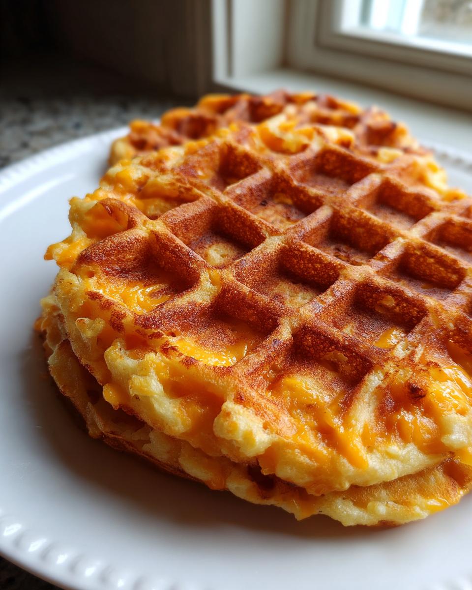 Drie gestapelde, goudbruine Kaas Aardappelwafels met gesmolten oranje kaas, geserveerd op een wit bord.