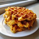 Een stapel krokante, goudbruine Kaas Aardappelwafels met gesmolten kaas, geserveerd op een wit bord.