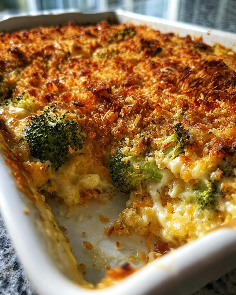 Close-up van een romige kaasachtige broccolischotel met spek en een goudbruine krokante topping.