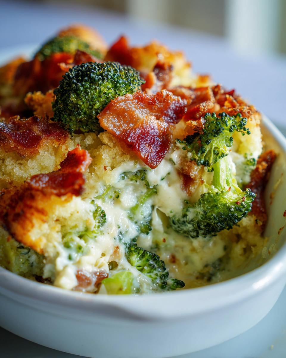 Close-up van een portie romige Kaasachtige Broccolischotel Met Spek met krokante stukjes spek en groene broccoliroosjes.