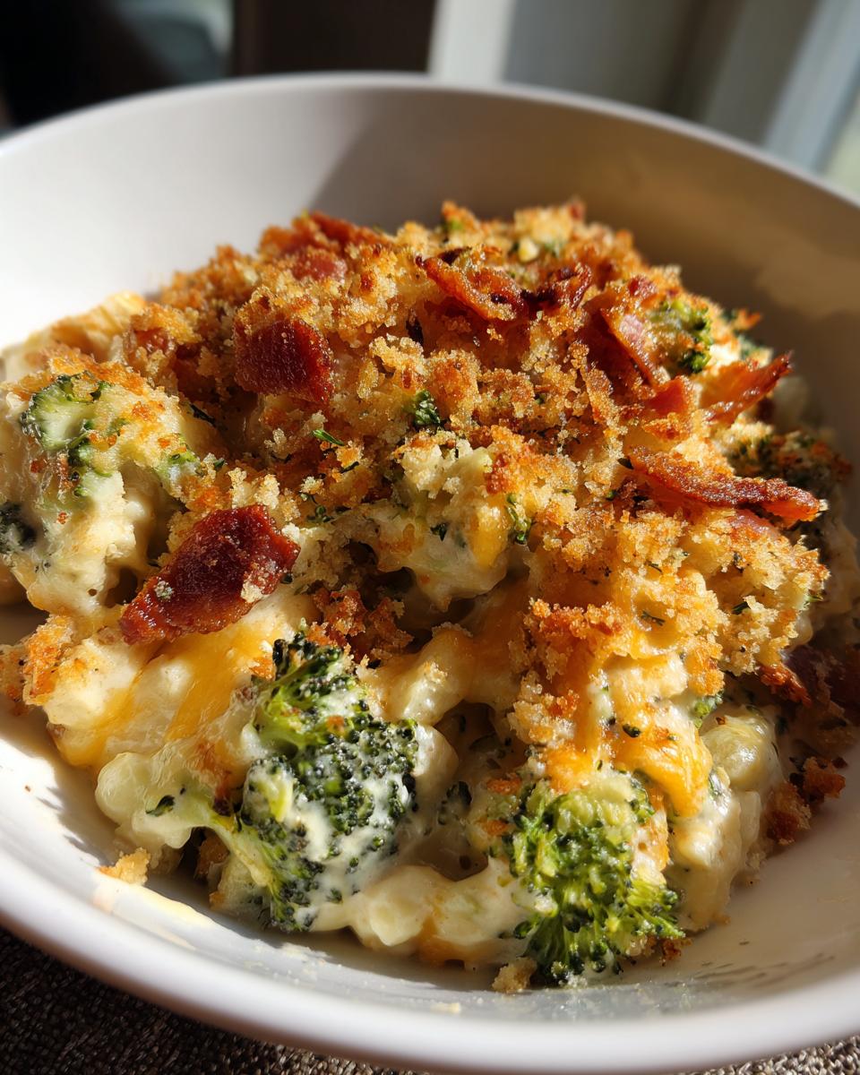 Close-up van een romige Kaasachtige Broccolischotel Met Spek, bedekt met een goudbruine krokante topping.