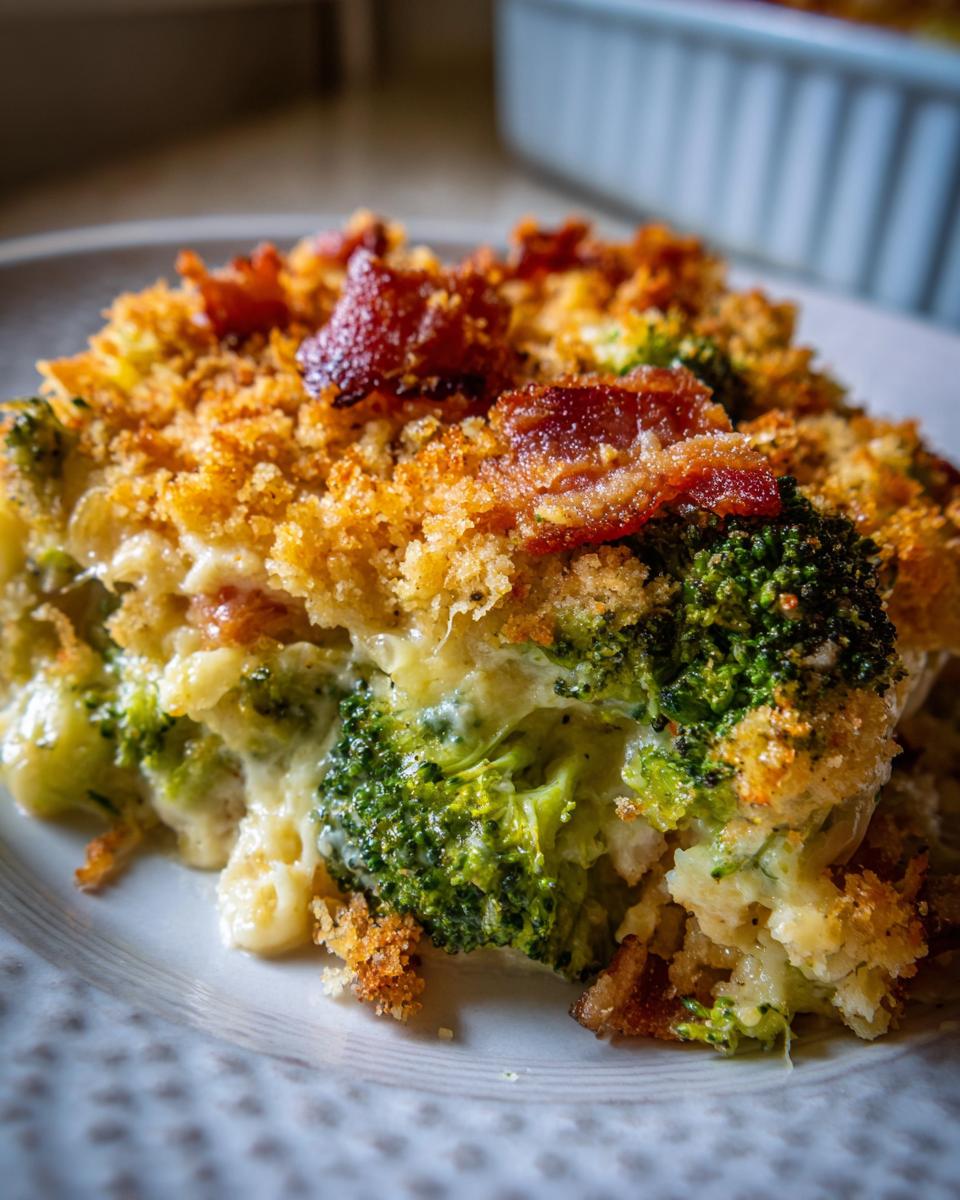 Close-up van een portie Kaasachtige Broccolischotel Met Spek met een knapperige topping en gesmolten kaas.