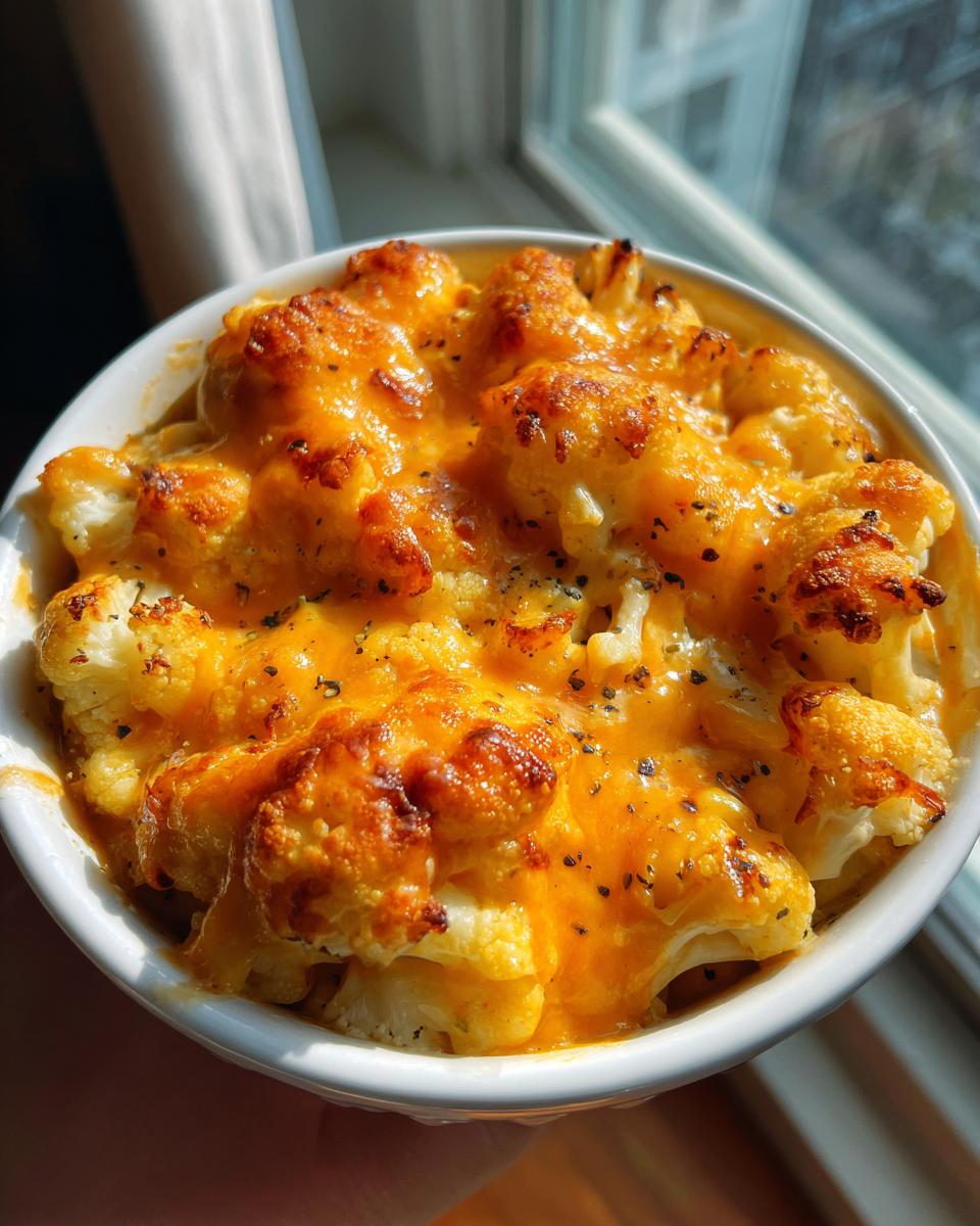 Close-up van een witte kom gevuld met romige, gegratineerde Kaasachtige Gebakken Bloemkool, besprenkeld met peper.