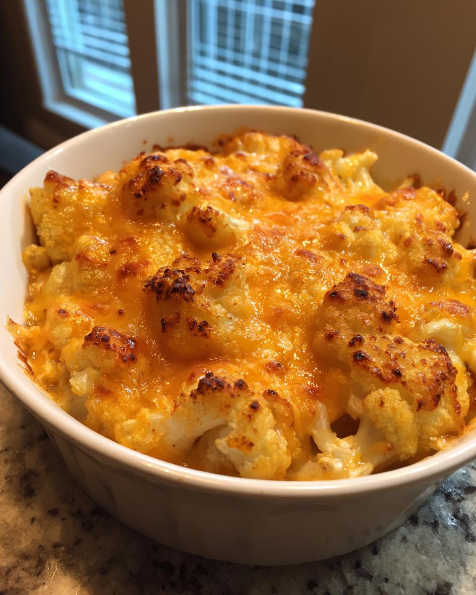 Close-up van een witte schaal gevuld met romige en gegratineerde Kaasachtige Gebakken Bloemkool.