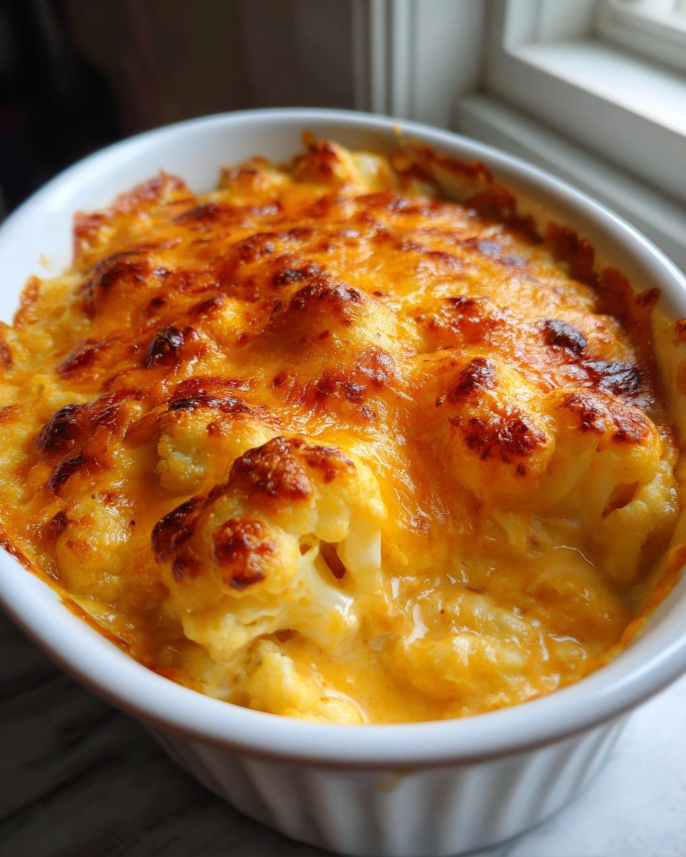 Close-up van romige, Kaasachtige Gebakken Bloemkool met een goudbruin gegratineerd kaaskorstje in een witte ovenschaal.