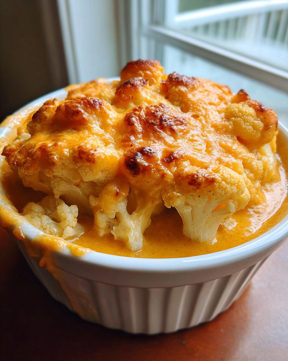 Close-up van romige, gegratineerde Kaasachtige Gebakken Bloemkool in een wit schaaltje.
