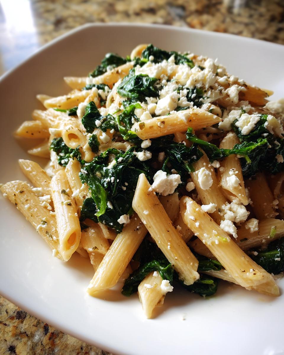 Close-up van romige Kale Feta One Pot Pasta met penne, spinazie en verkruimelde feta op een wit bord.