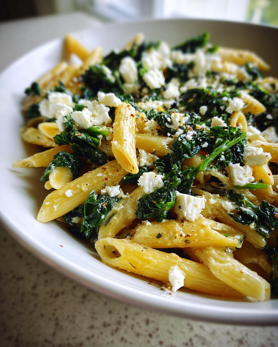 Close-up van romige penne pasta met donkergroene boerenkool en verkruimelde feta kaas: Kale Feta One Pot Pasta.