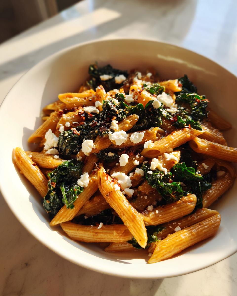 Close-up van een kom Kale Feta One Pot Pasta met penne, donkere boerenkool en verkruimelde witte feta.