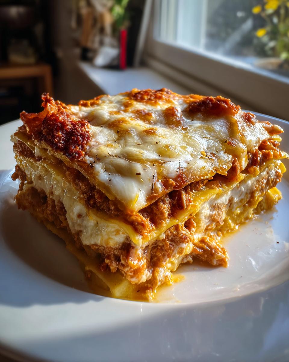 Een dikke portie Chicken Bolognese Lasagna met lagen pasta, kipgehaktvulling en een goudbruin gebakken kaaskorst.