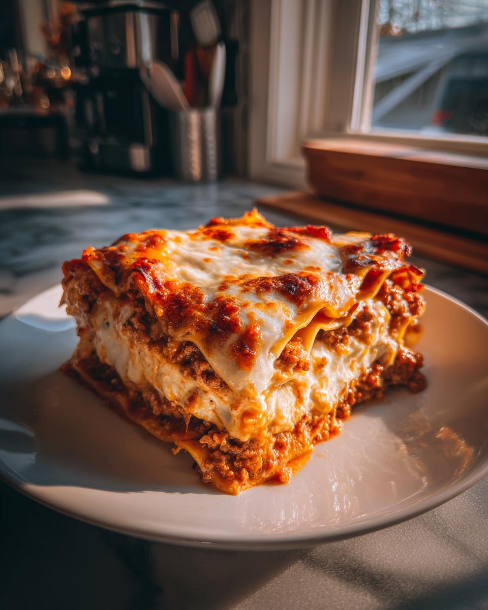 Een dikke, gelaagde portie Kip Bolognese Lasagne met een smeu&iuml;ge, goudbruin gebakken kaaskorst op een wit bord.