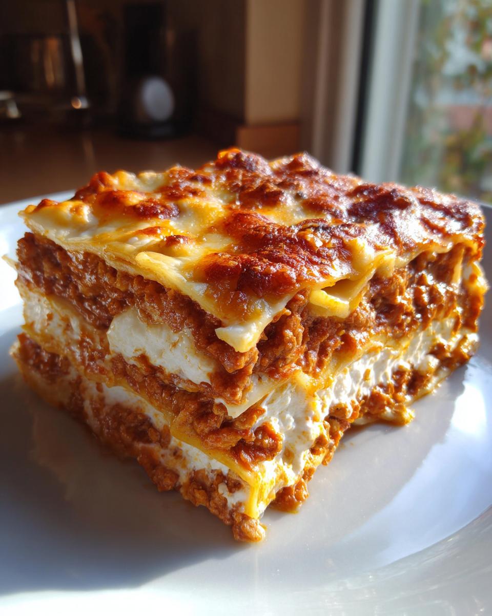 Een dikke, goudbruin gebakken portie Kip Bolognese Lasagne op een wit bord, met zichtbare lagen saus en witte kaasvulling.