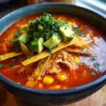 Een kom met rijke, rode Kip Tortilla Soep, gegarneerd met blokjes avocado, tortillareepjes en koriander.