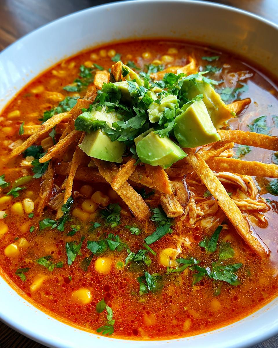 Close-up van een kom met rijke, rode Kip Tortilla Soep, gegarneerd met avocado blokjes en tortillareepjes.