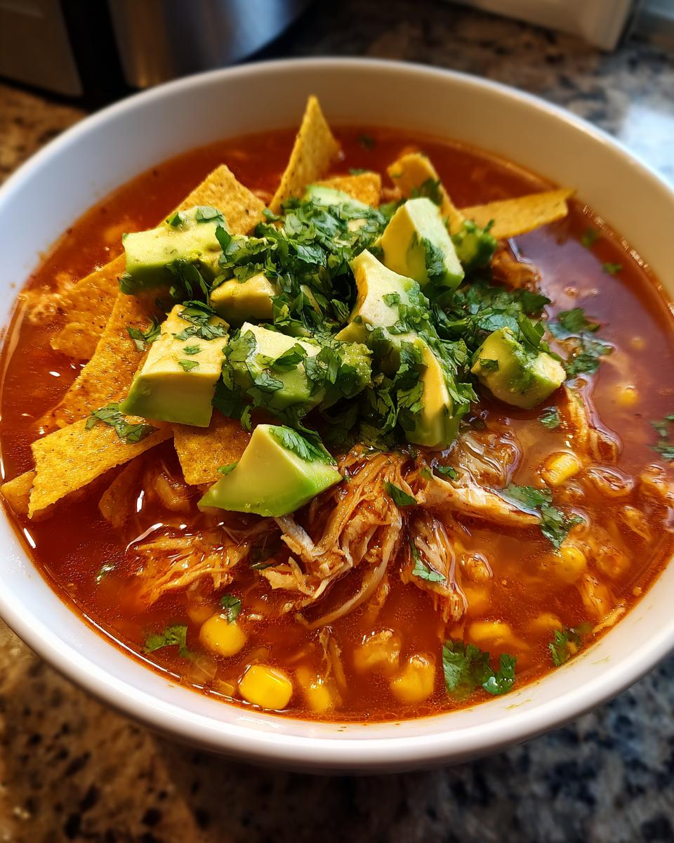 Close-up van een kom met heerlijke Kip Tortilla Soep, gegarneerd met blokjes avocado, koriander en tortillachips.