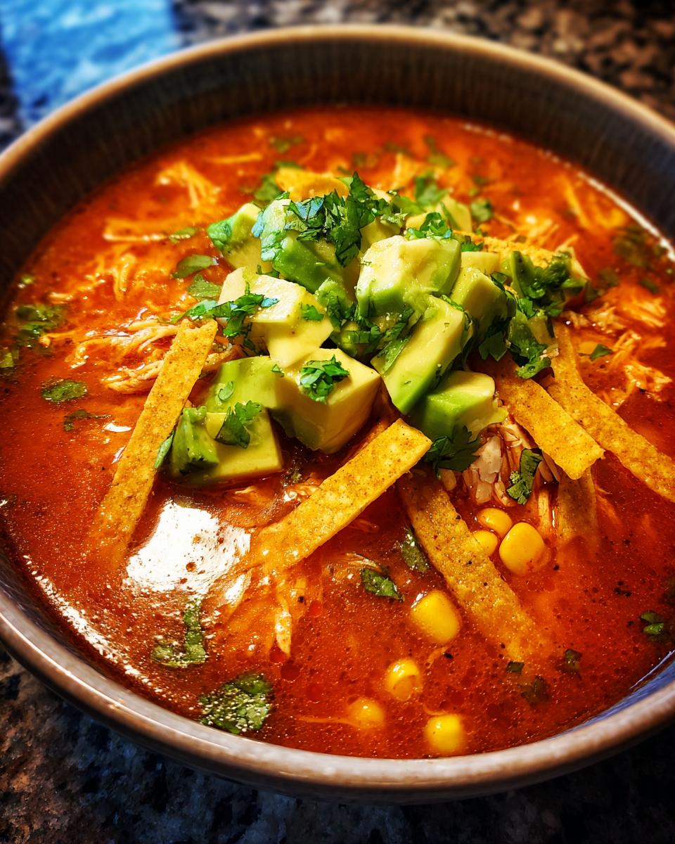 Close-up van een kom rijke, rode Kip Tortilla Soep, gegarneerd met blokjes avocado, tortillareepjes en koriander.