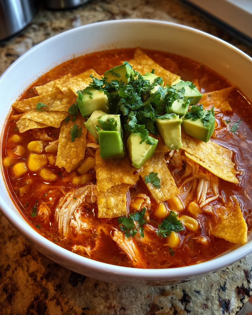 Een kom met rijke, rode Kip Tortilla Soep, gegarneerd met blokjes avocado, koriander en tortillachips.