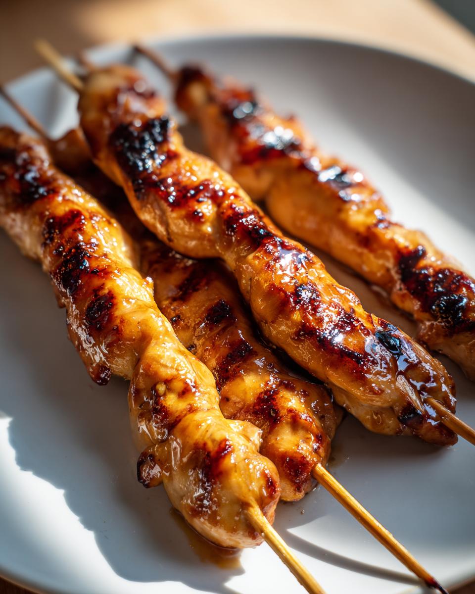 Close-up van vier gegrilde kipspiesjes met een glanzende honingmarinade op een wit bord.