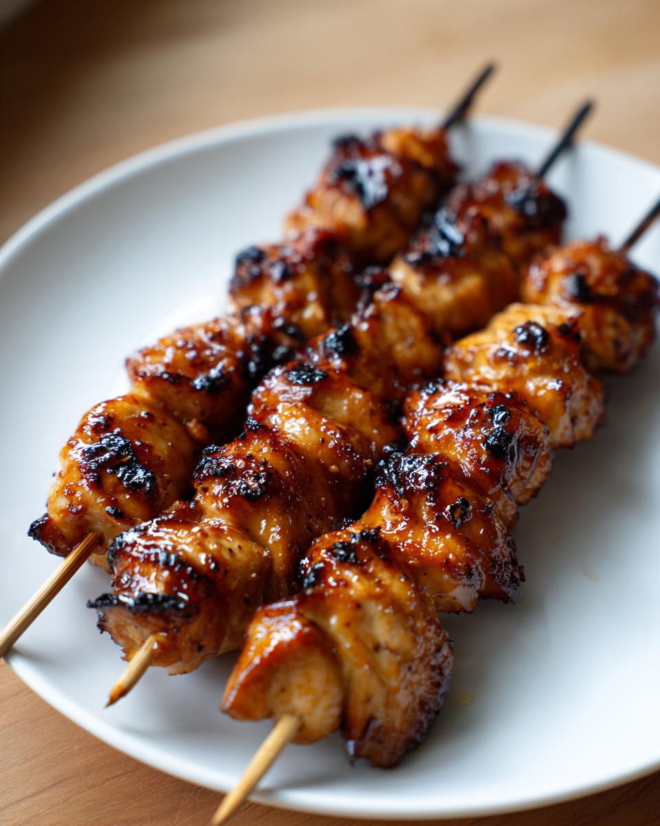 Drie heerlijke, gegrilde kipspiesjes met een glanzende honingglazuur op een wit bord.