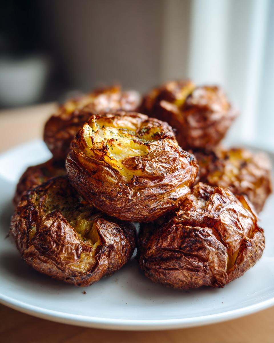 Een stapel goudbruine, geplette aardappelen met een knapperige schil, bereid als Crispy Air Fryer Smashed Potatoes.