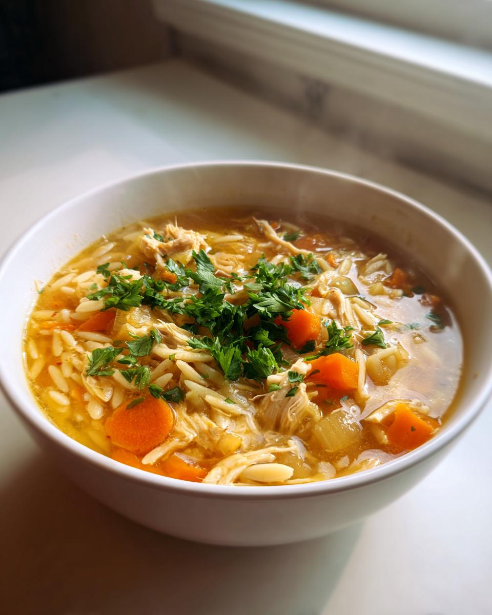 Close-up van een kom dampende Chicken Orzo Soup met stukjes kip, wortel en verse peterselie.