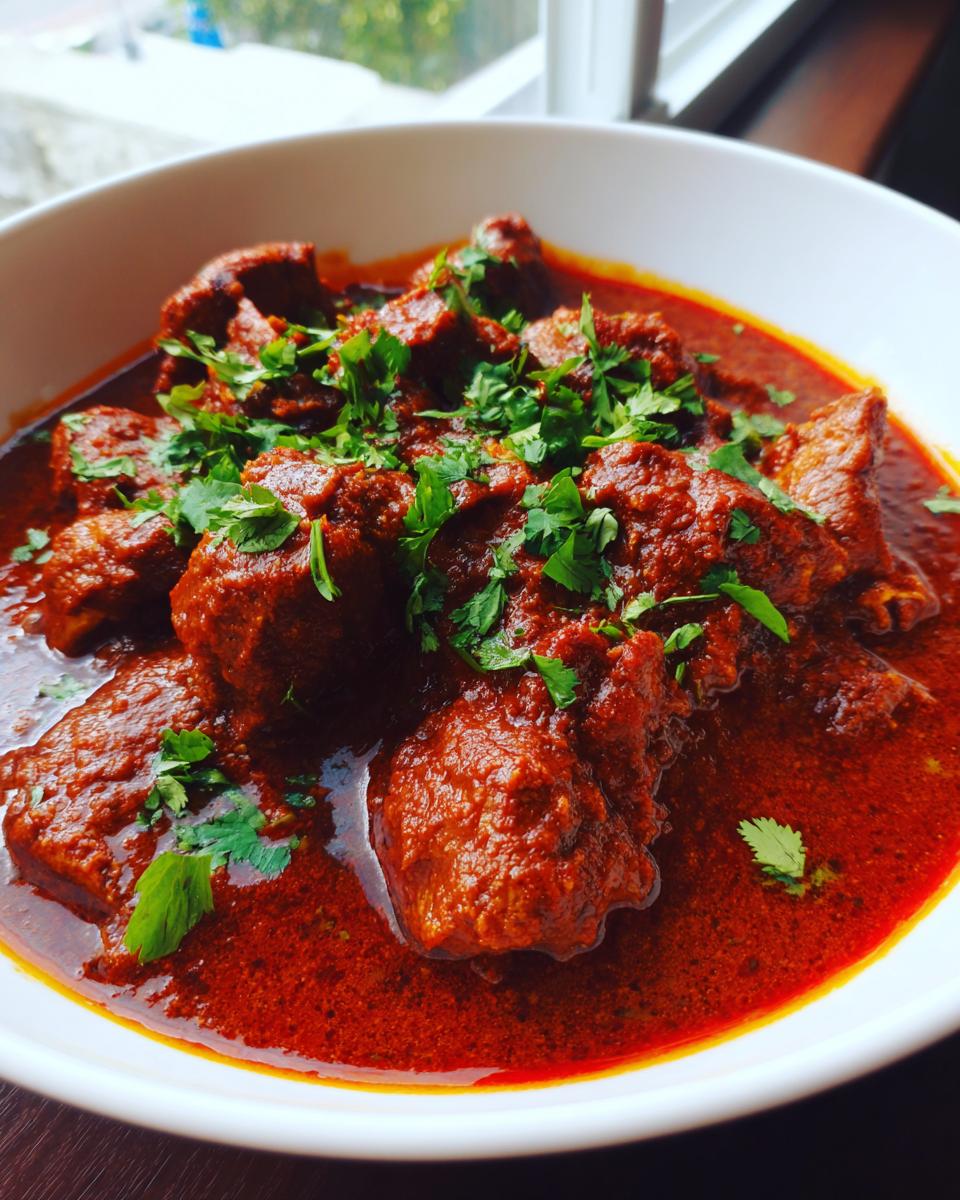 Close-up van een witte kom gevuld met rijke, rode Chicken Rogan Josh, gegarneerd met verse groene koriander.