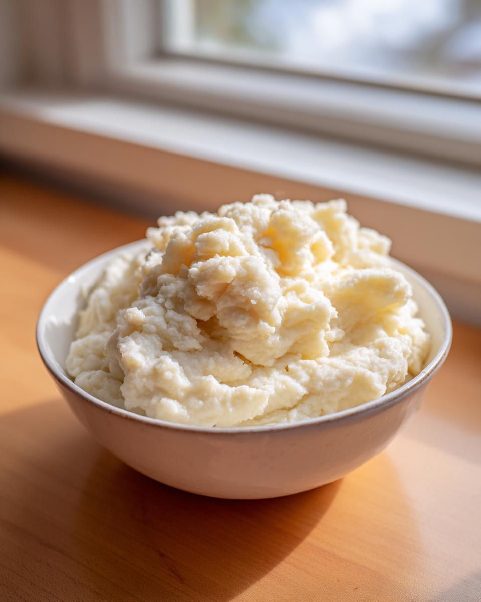 Een kom met luchtige, romige aardappelpuree, mooi belicht door zonlicht dat door een raam valt.