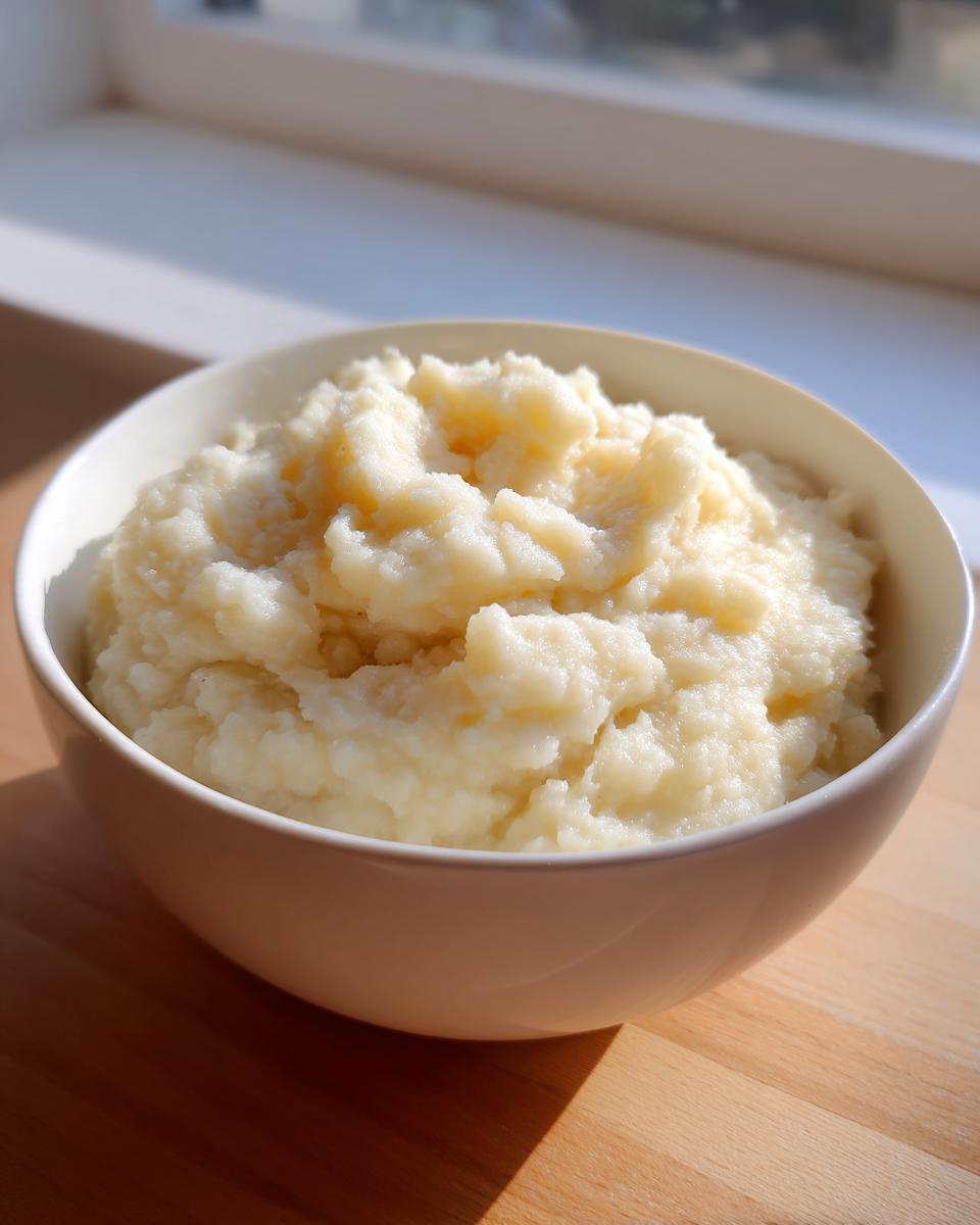 Close-up van een witte kom gevuld met romige, lichtgele Mashed Turnips (rapenpuree) op een houten ondergrond.
