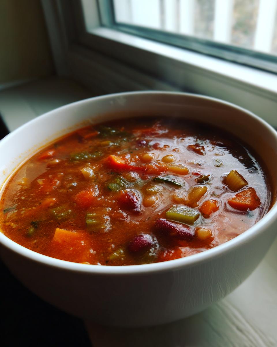 Close-up van een kom dampende, rijke Minestrone Soup met zichtbare groenten en bonen.
