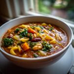 Close-up van een kom Minestrone Soup met veel groenten, bonen en pasta, staand bij een raam.