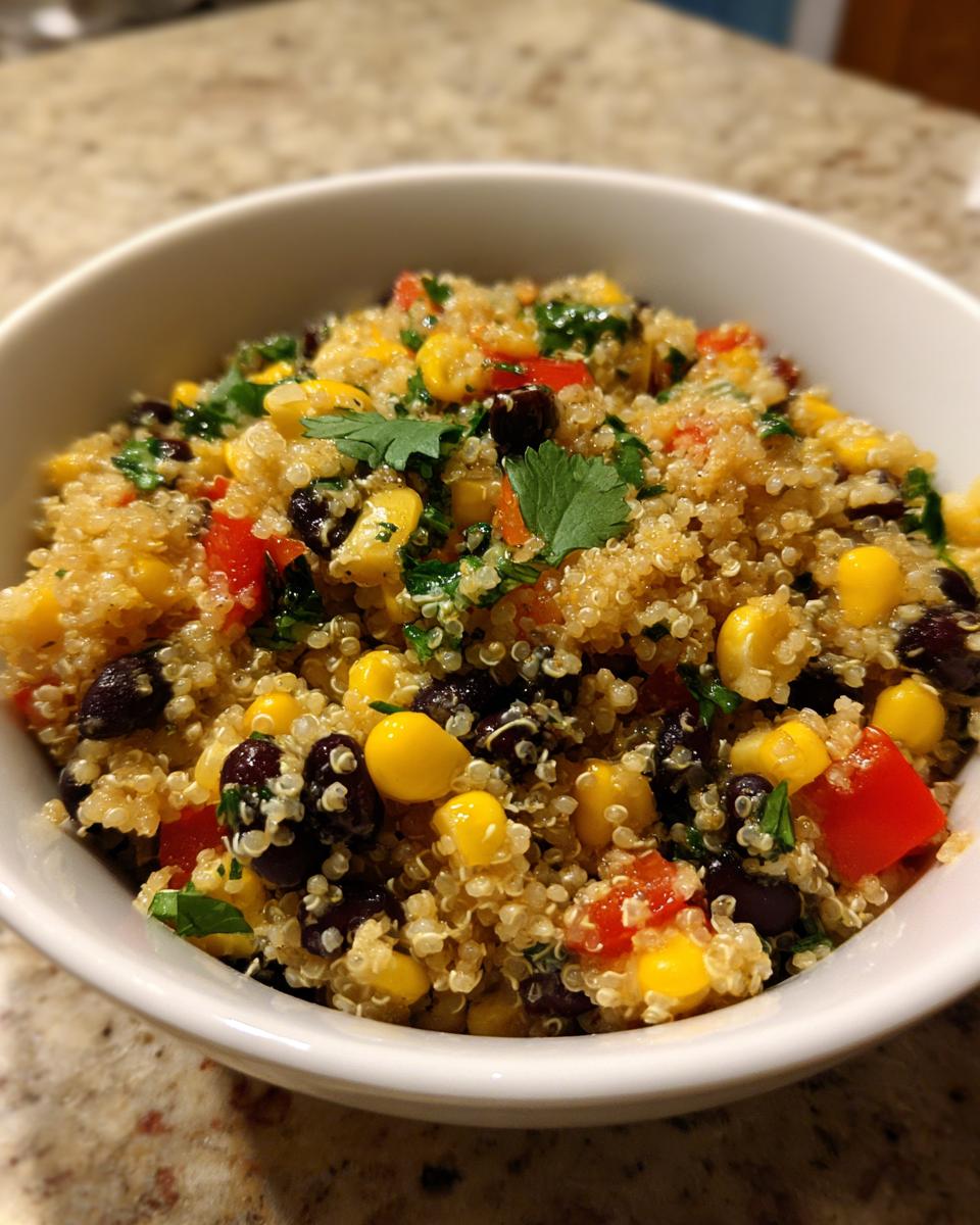 Close-up van een witte kom gevuld met Quinoa Southwestern Salad, met ma&iuml;s, zwarte bonen en stukjes rode paprika.
