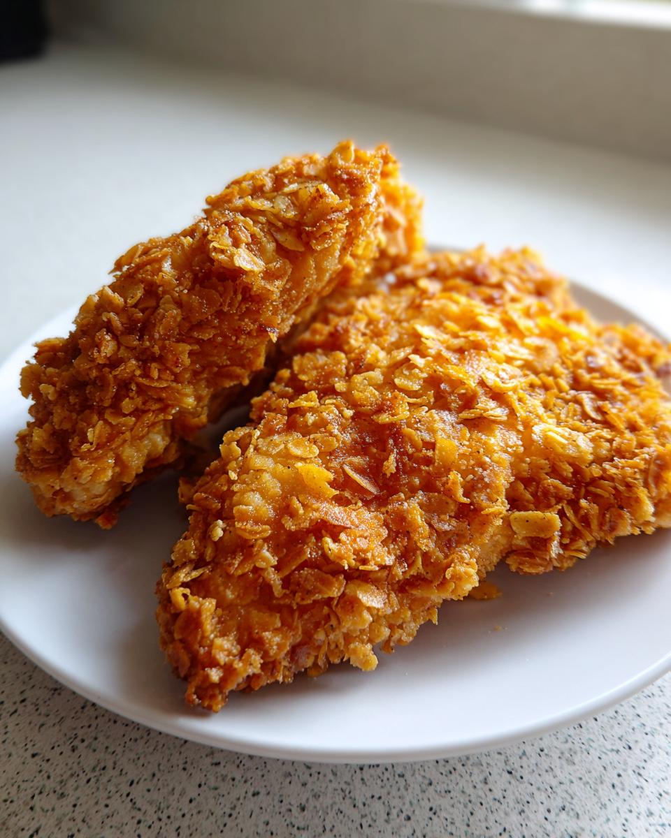 Twee stukken goudbruin gebakken Cornflake Chicken met een extreem krokante textuur, geserveerd op een wit bord.
