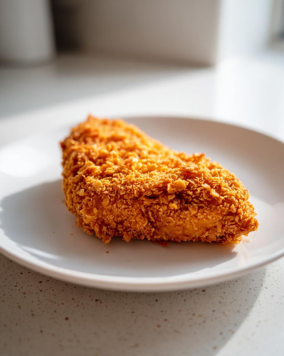 Een close-up van een goudbruin, gepaneerd stuk Cornflake Chicken op een wit bord.