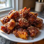 Een berg krokante stukjes Sesame Chicken, bedekt met een glanzende saus en geroosterde sesamzaadjes op een wit bord.